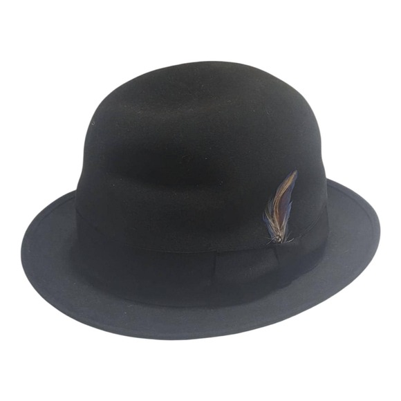 Stephen L Stetson 7 5/8 Feathered Bowler Derby Hat Cap Dark Gray Black Ribbon